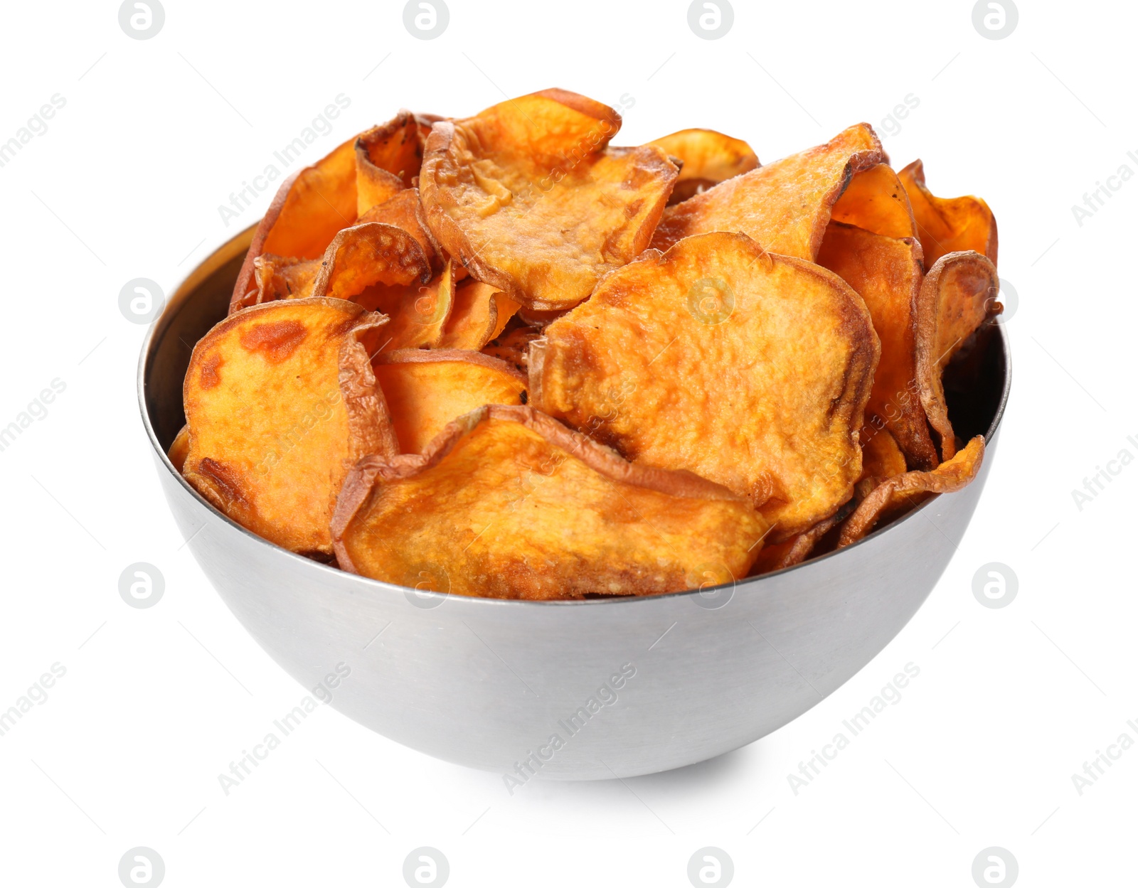 Photo of Bowl of tasty sweet potato chips isolated on white