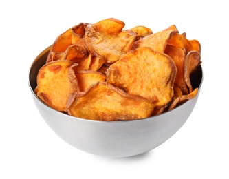 Photo of Bowl of tasty sweet potato chips isolated on white