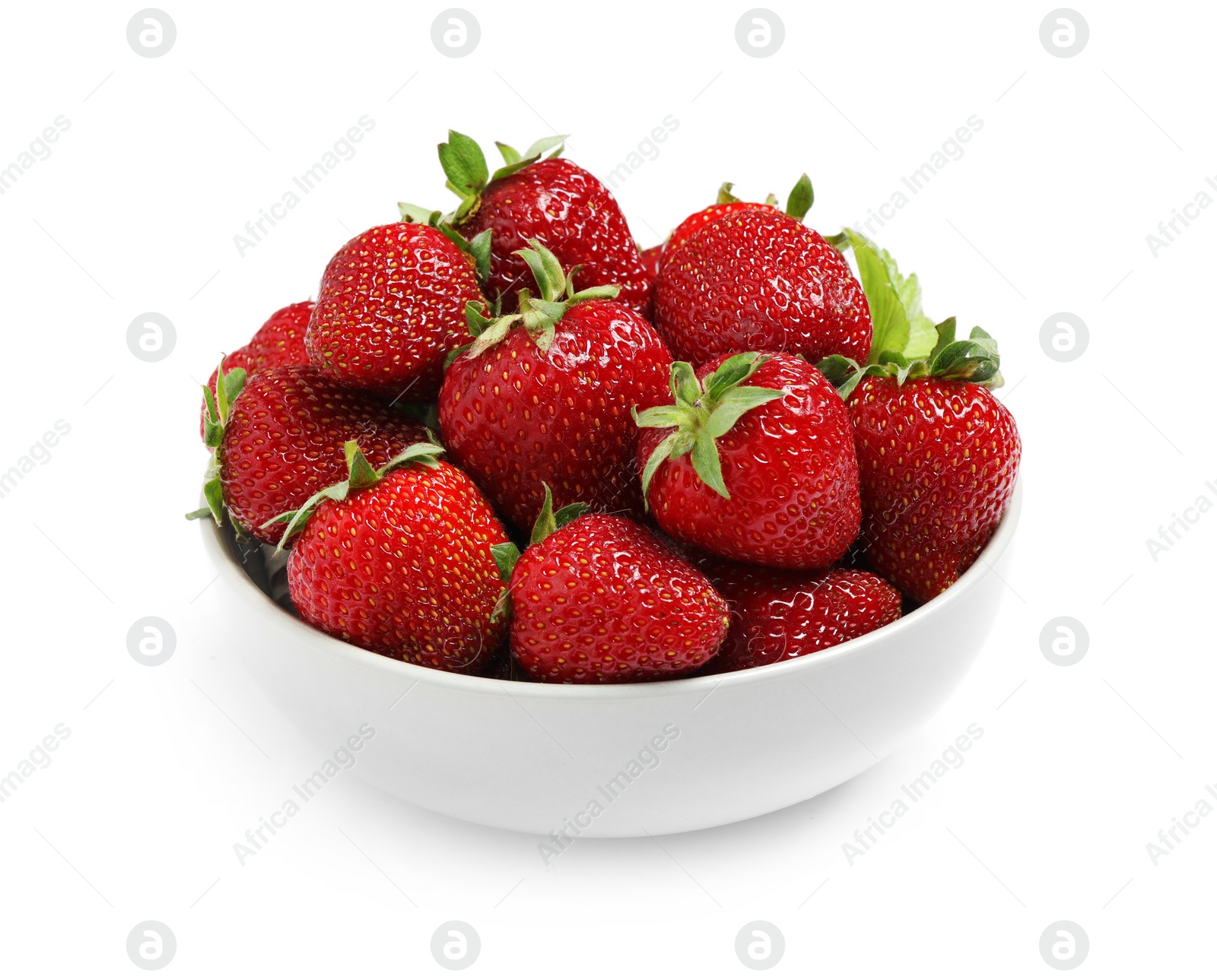 Photo of Fresh ripe strawberries in bowl isolated on white