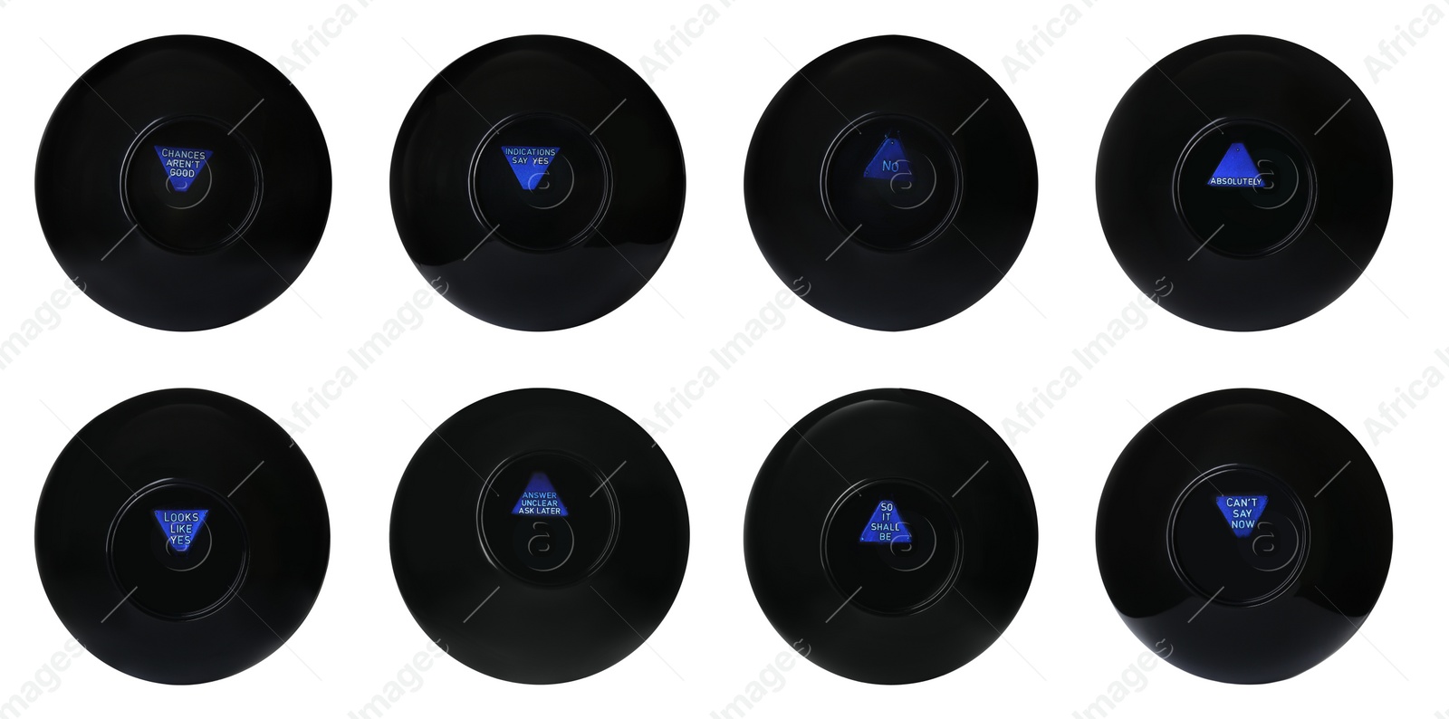 Image of Magic eight ball with different predictions isolated on white, collection