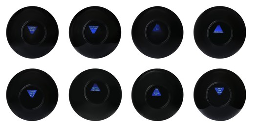 Image of Magic eight ball with different predictions isolated on white, collection