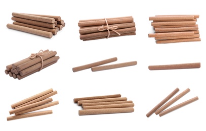 Image of Set with aromatic incense sticks on white background