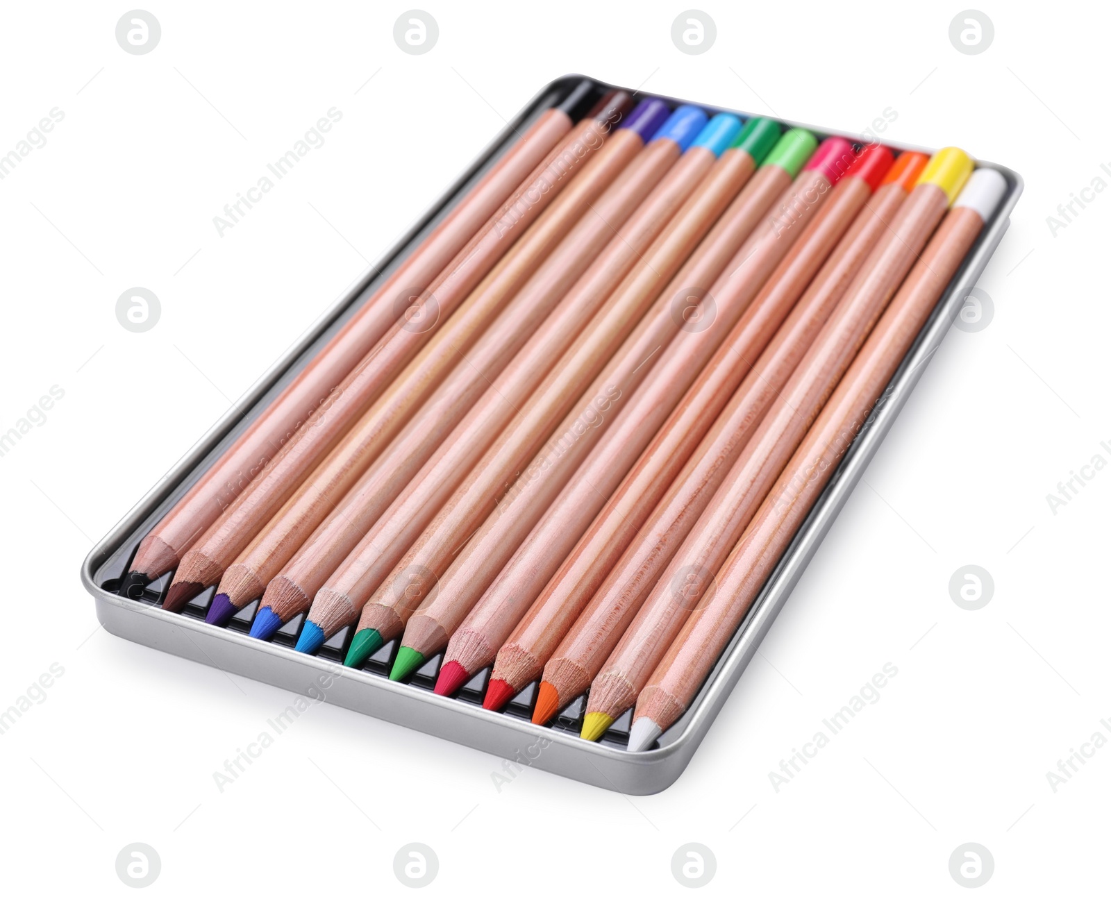 Photo of Colorful pastel pencils in box isolated on white. Drawing supplies