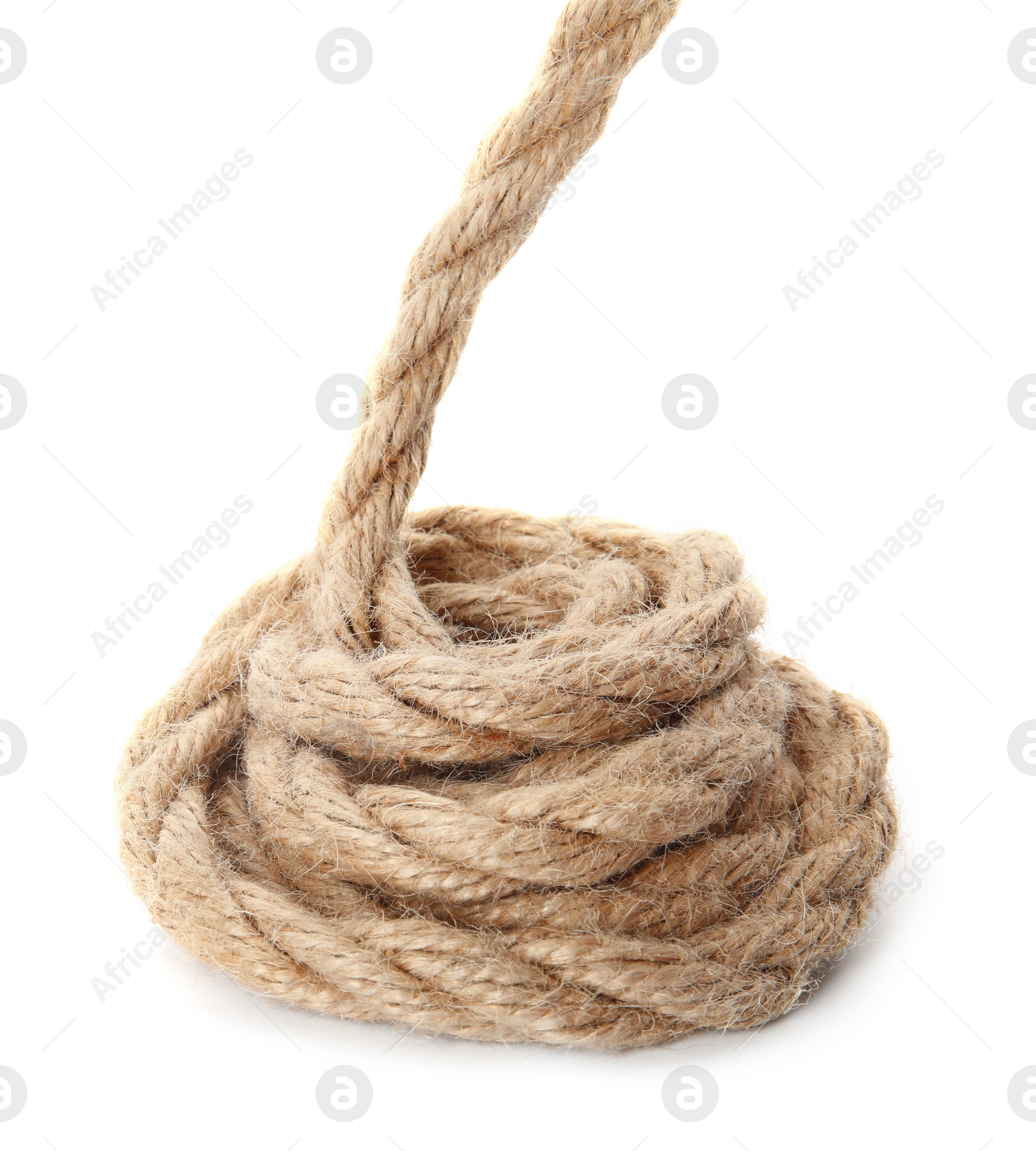 Photo of Hemp rope on white background. Organic material