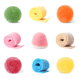 Image of Set of delicious candies on white background