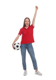 Photo of Emotional sports fan with ball on white background