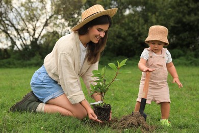 Photo of Mother and her baby daughter planting tree together in garden