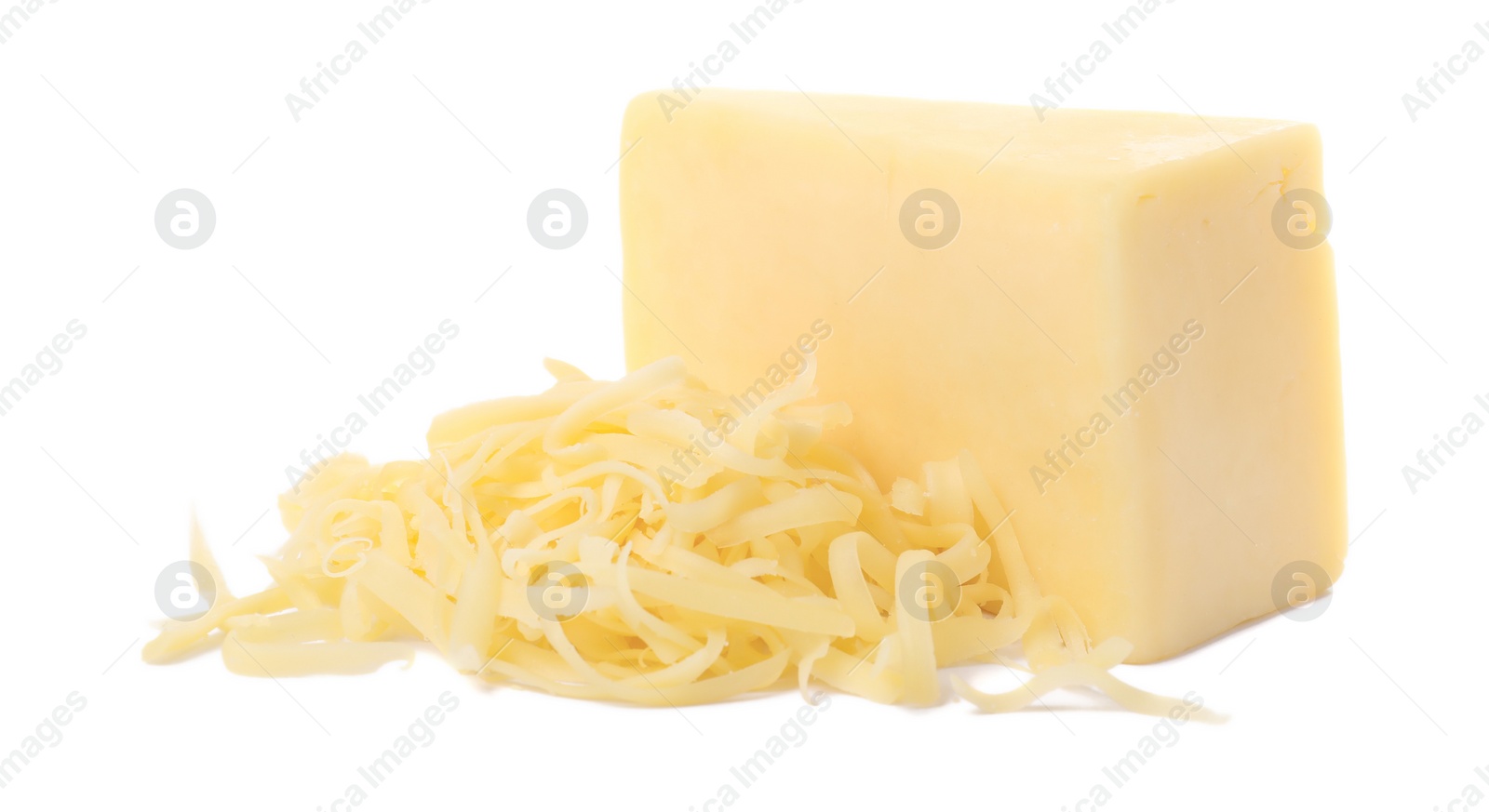 Photo of Grated and whole piece of cheese isolated on white