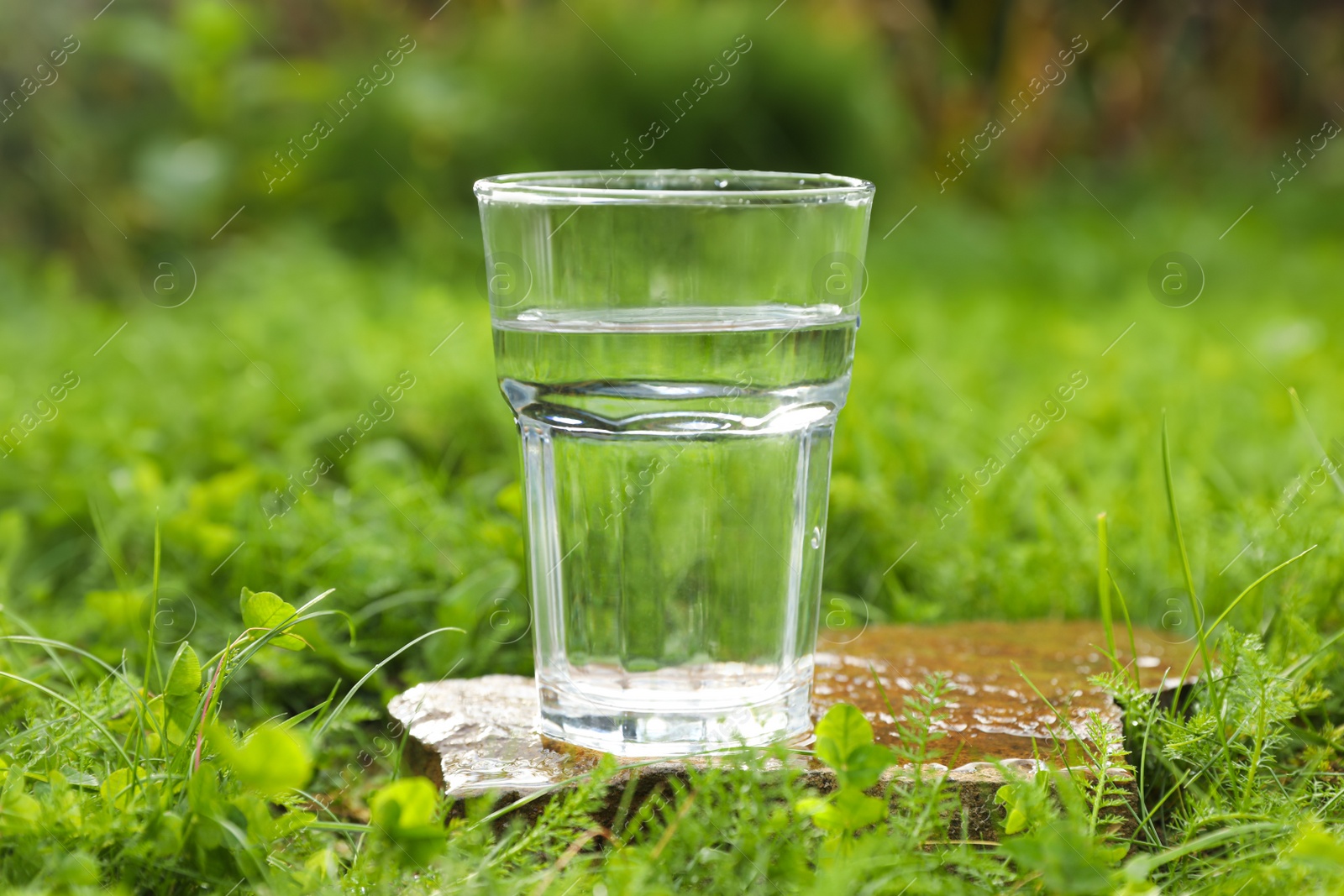 Photo of Glass of fresh water on stone in green grass outdoors