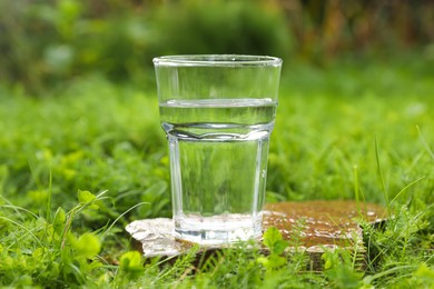 Photo of Glass of fresh water on stone in green grass outdoors