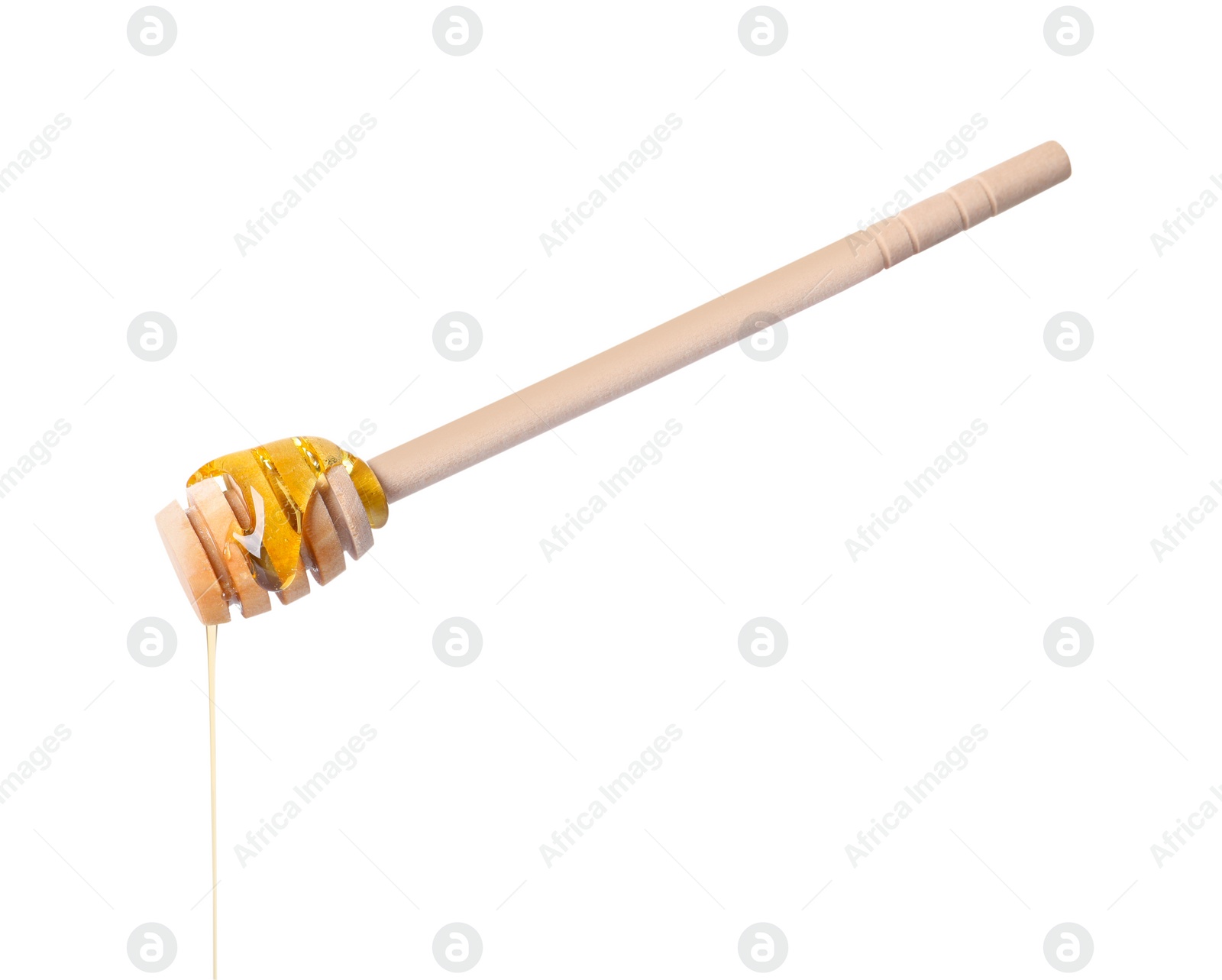 Photo of Fresh honey dripping from dipper on white background