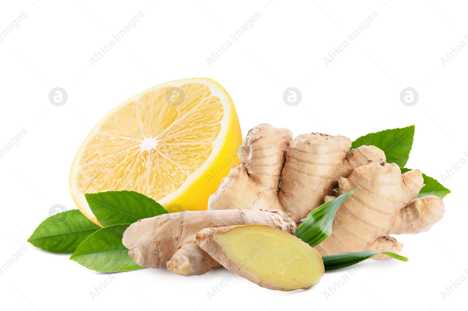 Image of Fresh ginger root and lemon on white background