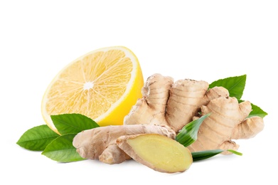 Fresh ginger root and lemon on white background