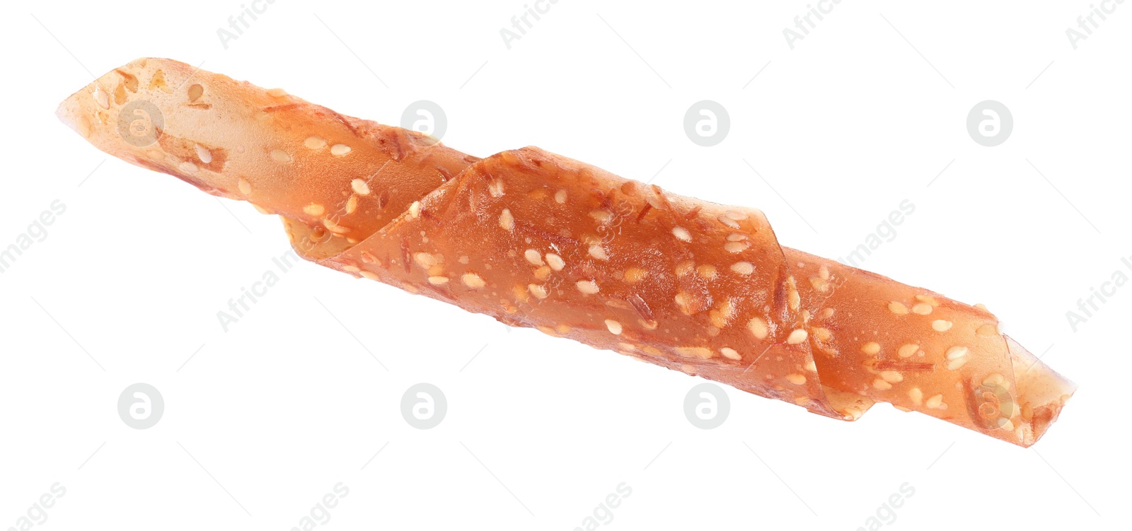 Photo of Delicious fruit leather roll isolated on white, top view