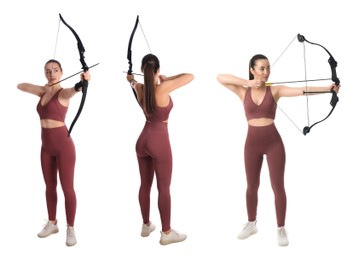 Young woman practicing archery on white background, collage