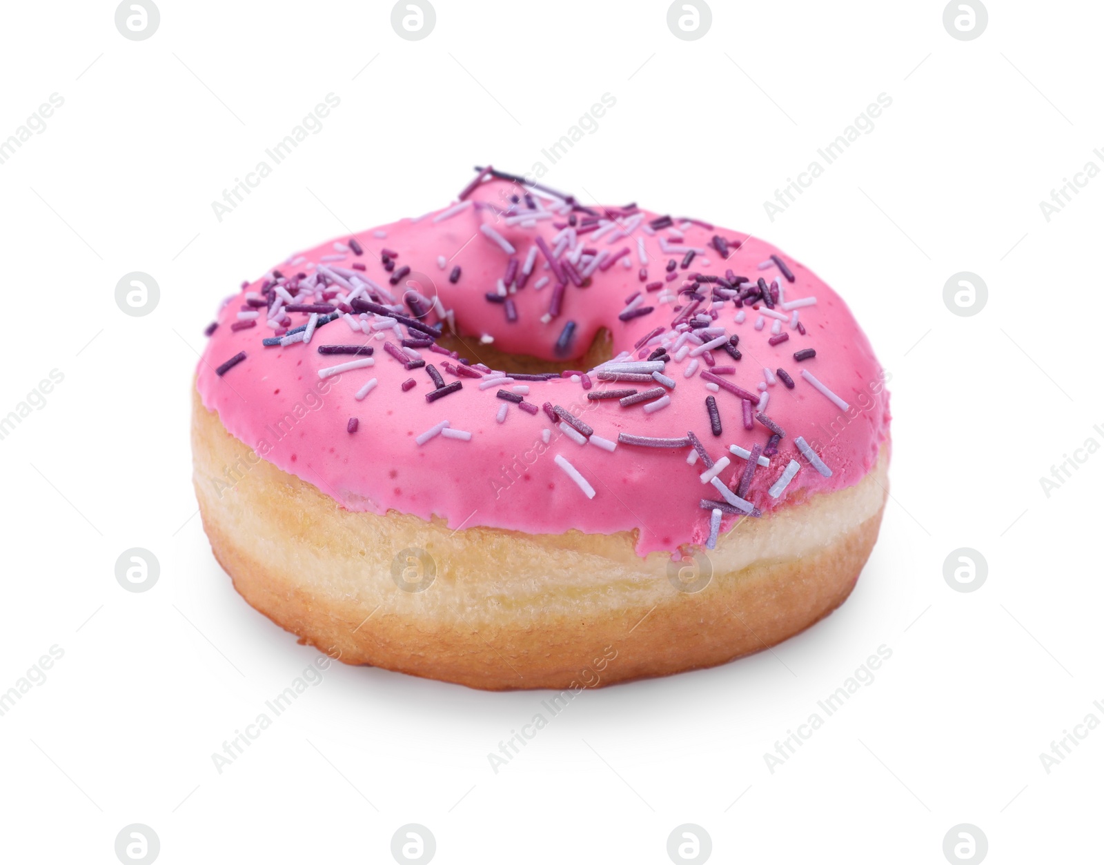 Photo of Glazed donut decorated with sprinkles isolated on white. Tasty confectionery