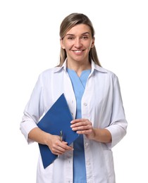 Portrait of happy doctor with clipboard on white background