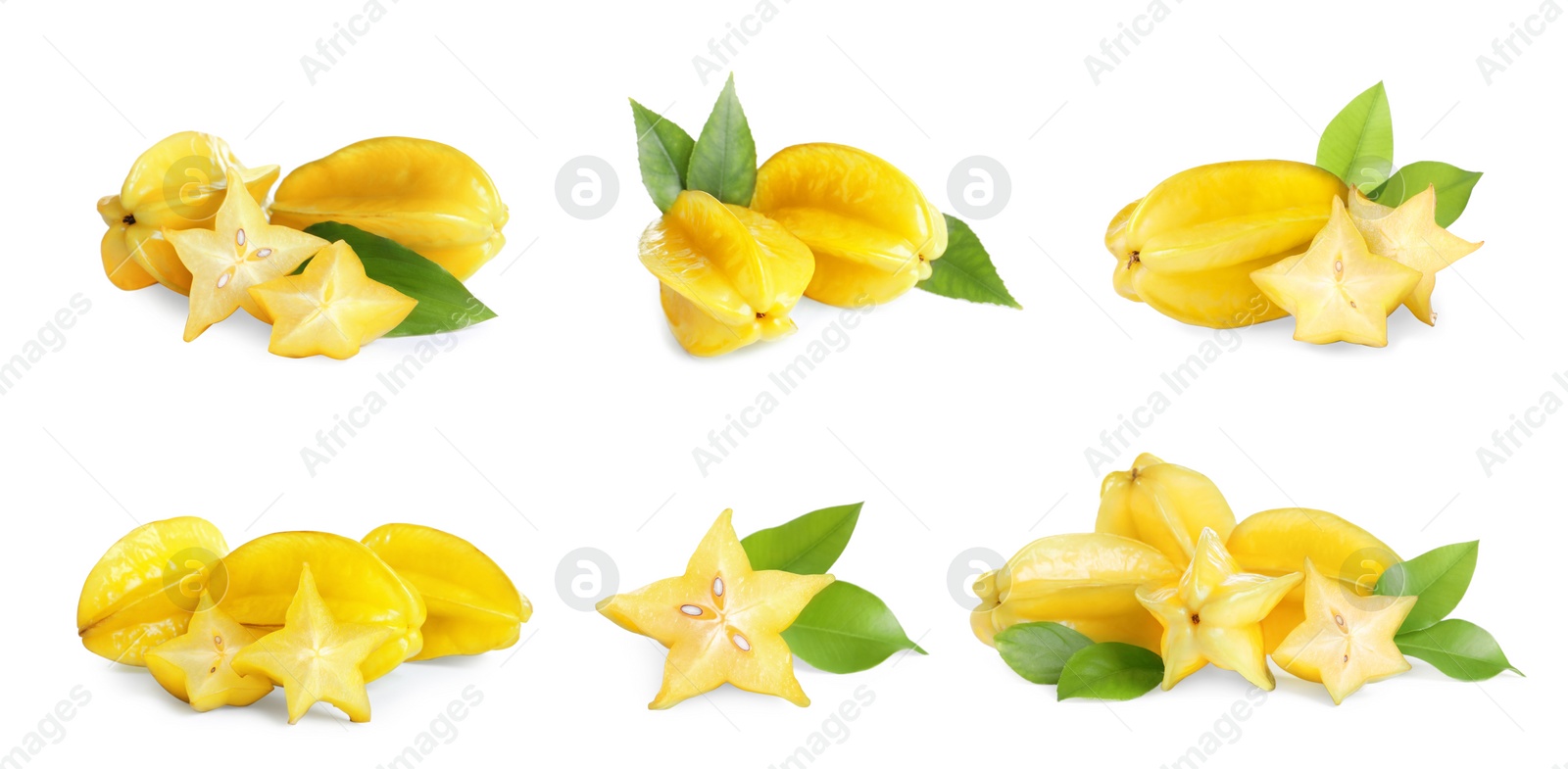 Image of Set with delicious ripe carambola fruits on white background, banner design