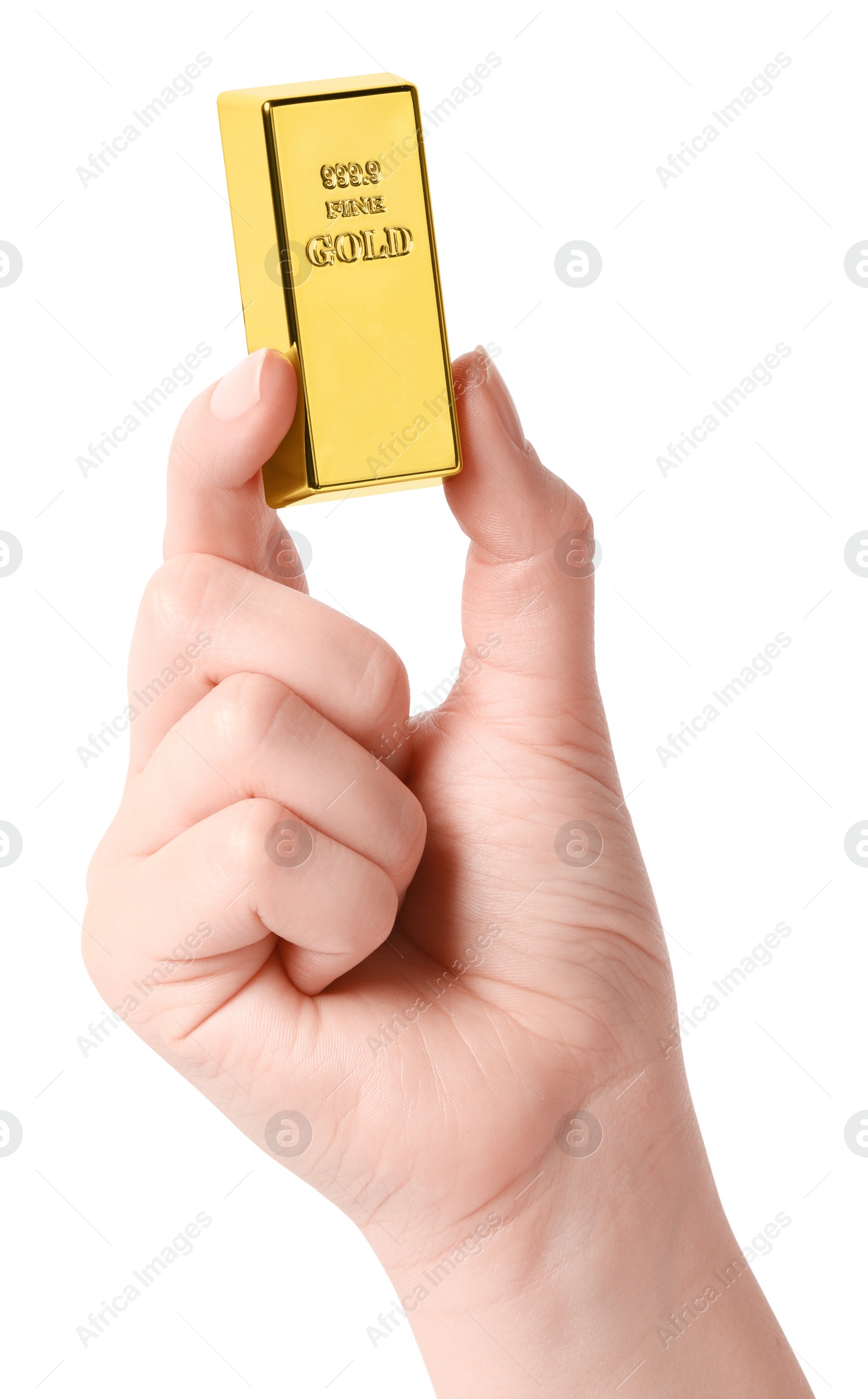 Photo of Woman holding gold bar on white background, closeup