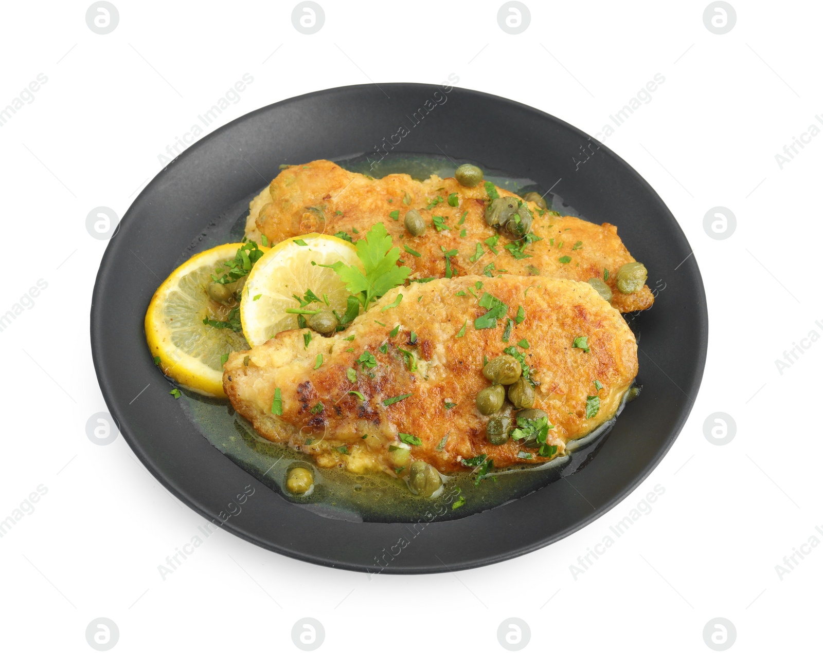 Photo of Delicious chicken piccata with herbs isolated on white