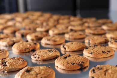 Photo of Many delicious cookies on production line, closeup