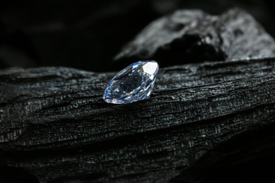 Photo of Beautiful shiny diamond on coal, closeup view