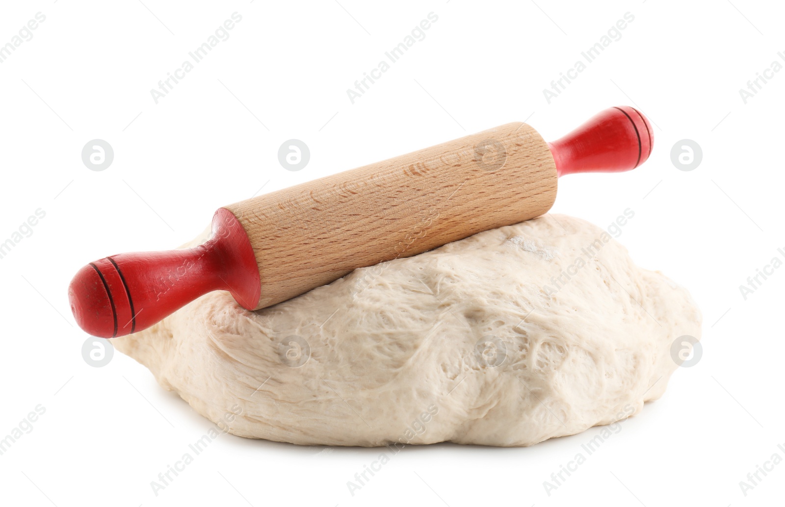 Photo of Raw dough and rolling pin isolated on white, top view