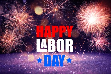 Image of Happy Labor Day. Festive background with fireworks and glitters, bokeh effect