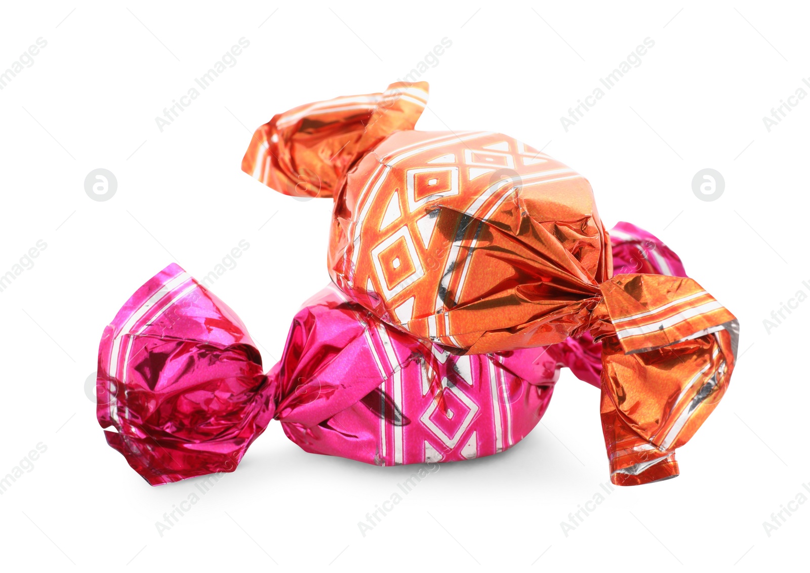 Photo of Sweet candies in colorful wrappers on white background