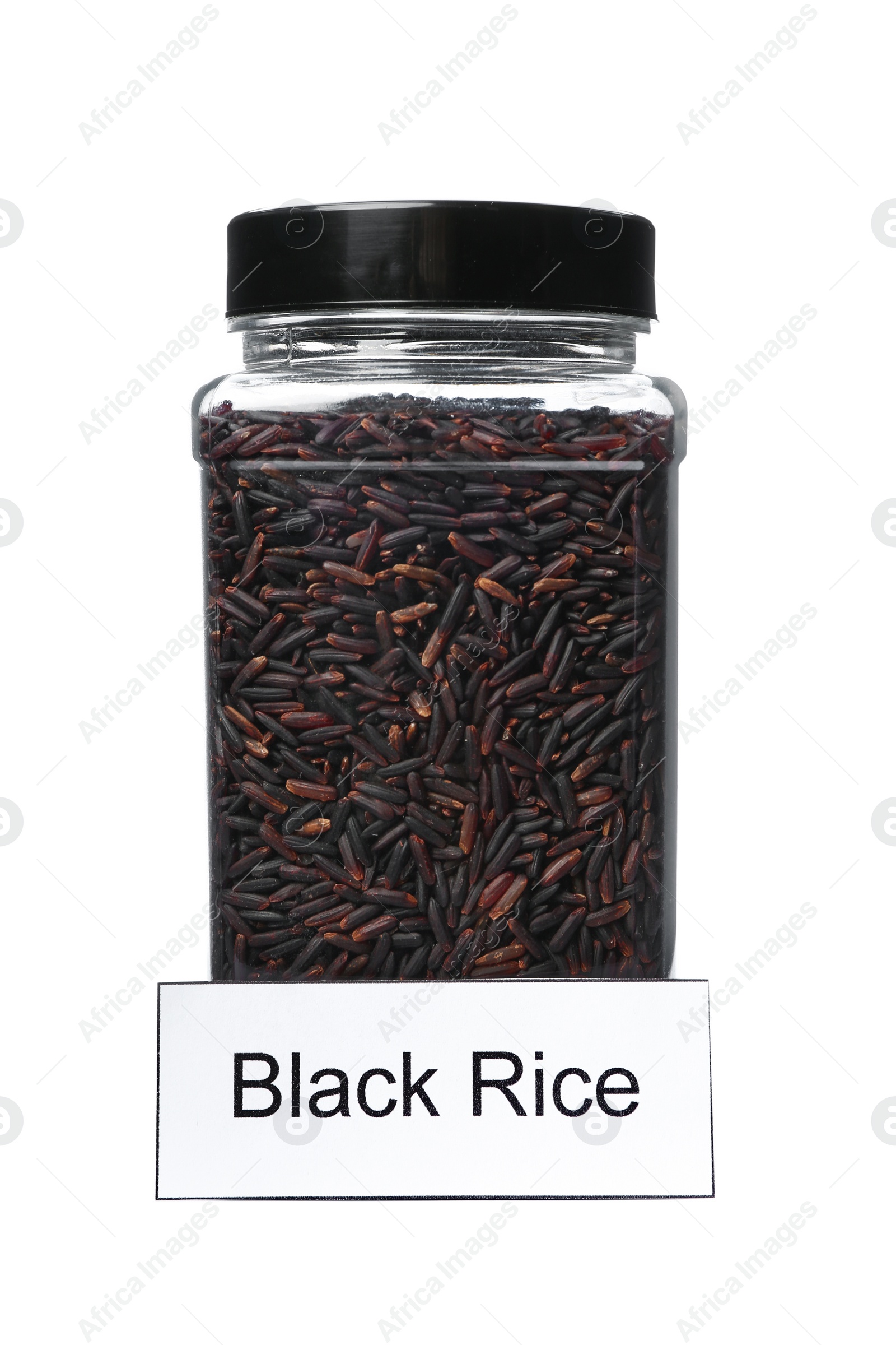 Photo of Black rice in jar with label isolated on white. Mock up for design