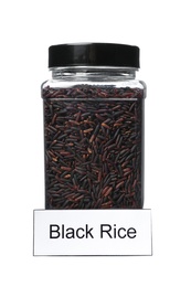 Black rice in jar with label isolated on white. Mock up for design