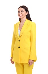 Photo of Beautiful happy businesswoman in yellow suit on white background