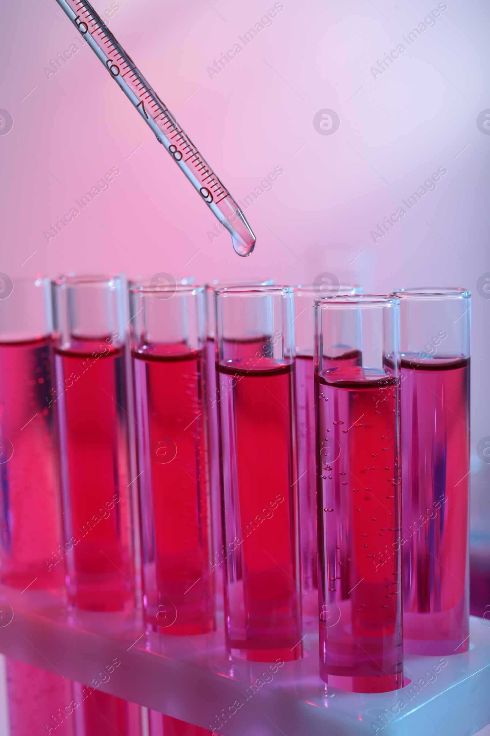 Photo of Dripping reagent into test tube with red liquid, closeup. Laboratory analysis