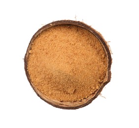 Photo of Coconut sugar and fruit isolated on white, top view