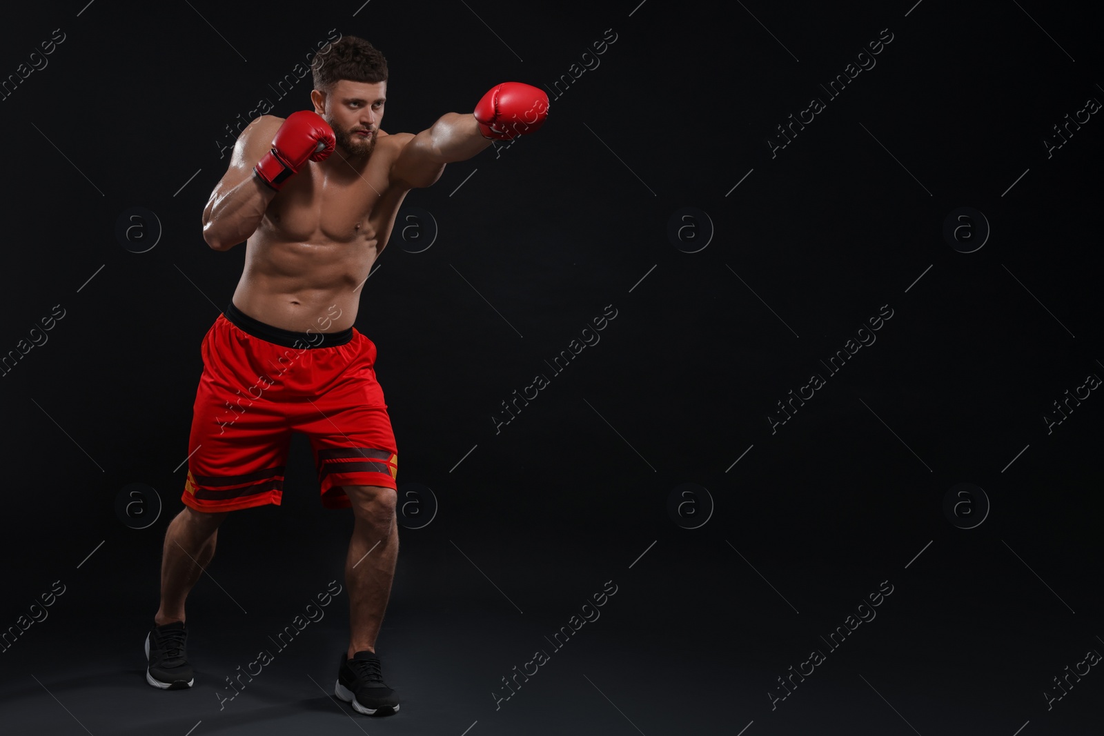 Photo of Man in boxing gloves fighting on black background. Space for text