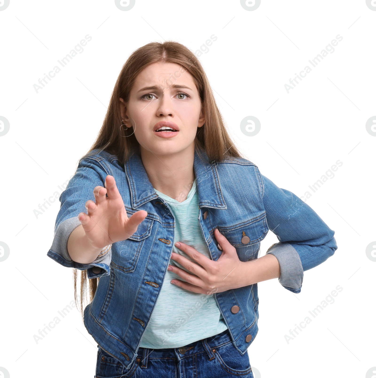 Photo of Young woman having heart attack on white background