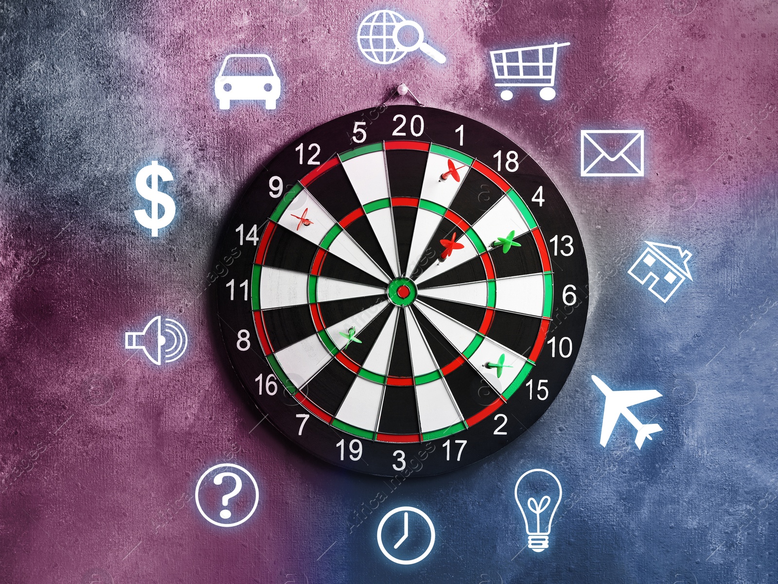 Image of Dart board and icons on colorful background