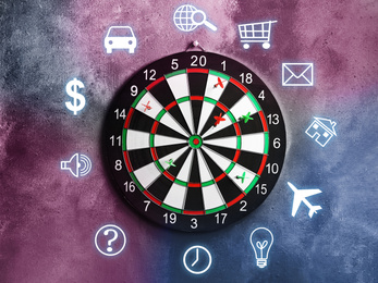 Dart board and icons on colorful background