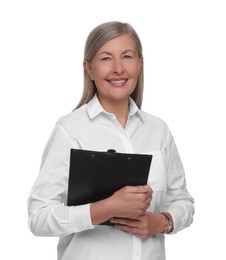 Portrait of smiling woman with clipboard on white background. Lawyer, businesswoman, accountant or manager