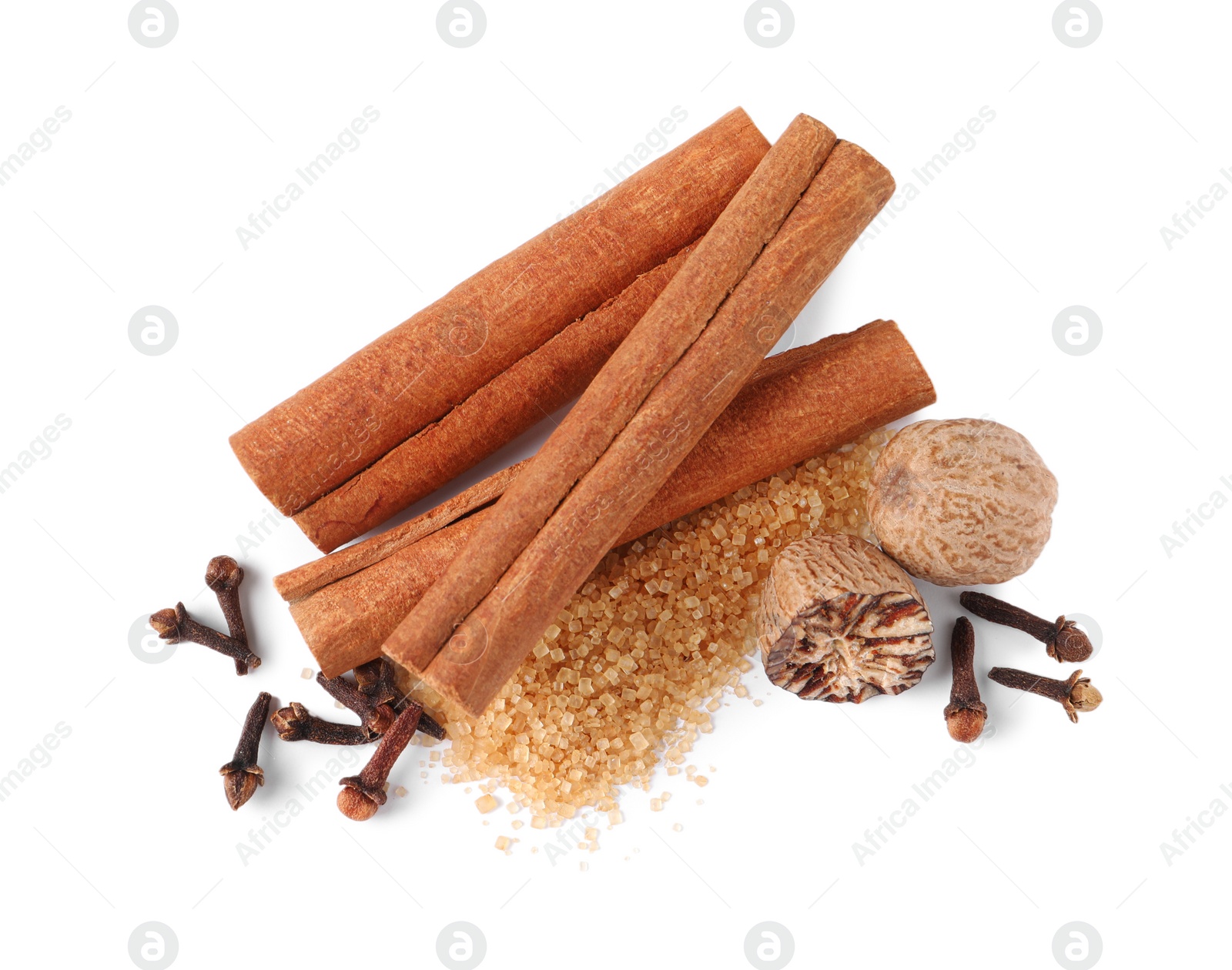 Photo of Different spices on white background, top view