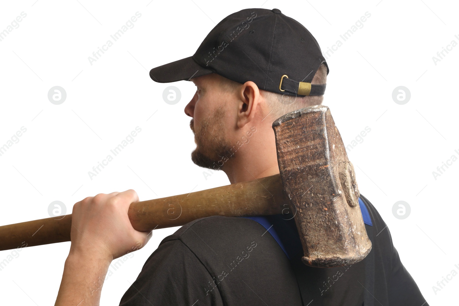 Photo of Man in cap with sledgehammer on white background