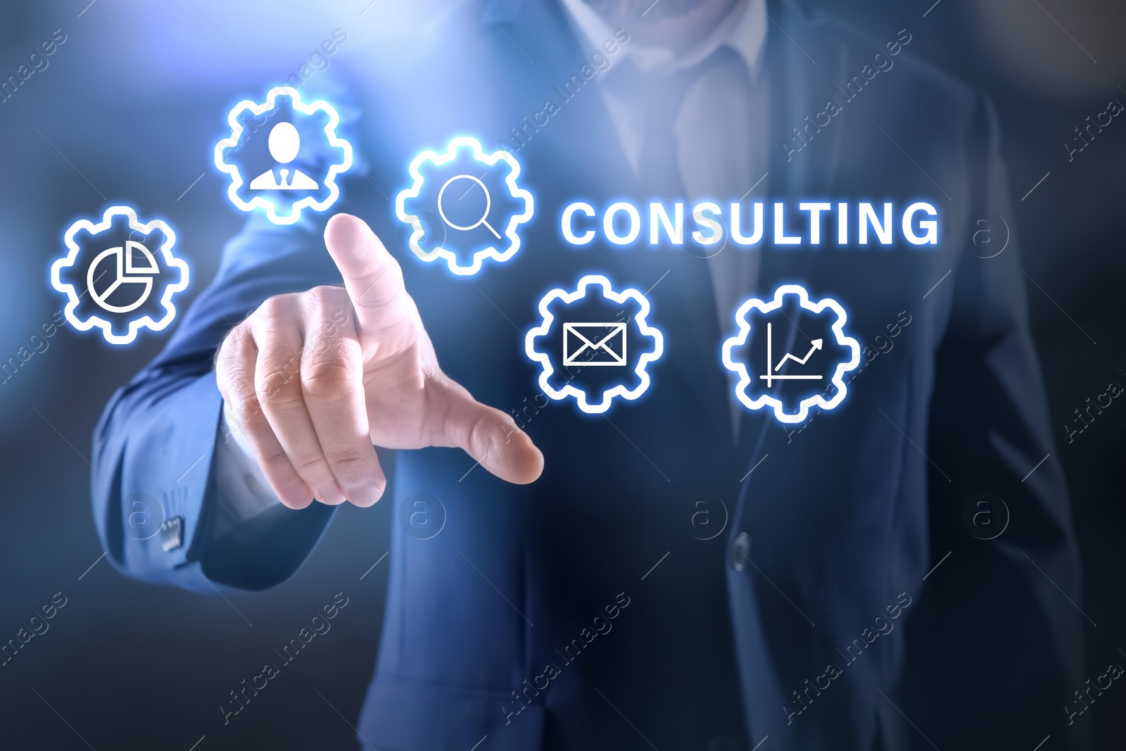 Image of Consulting concept. Businessman pointing on dark background, closeup