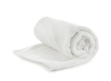 Rolled soft terry towel on white background