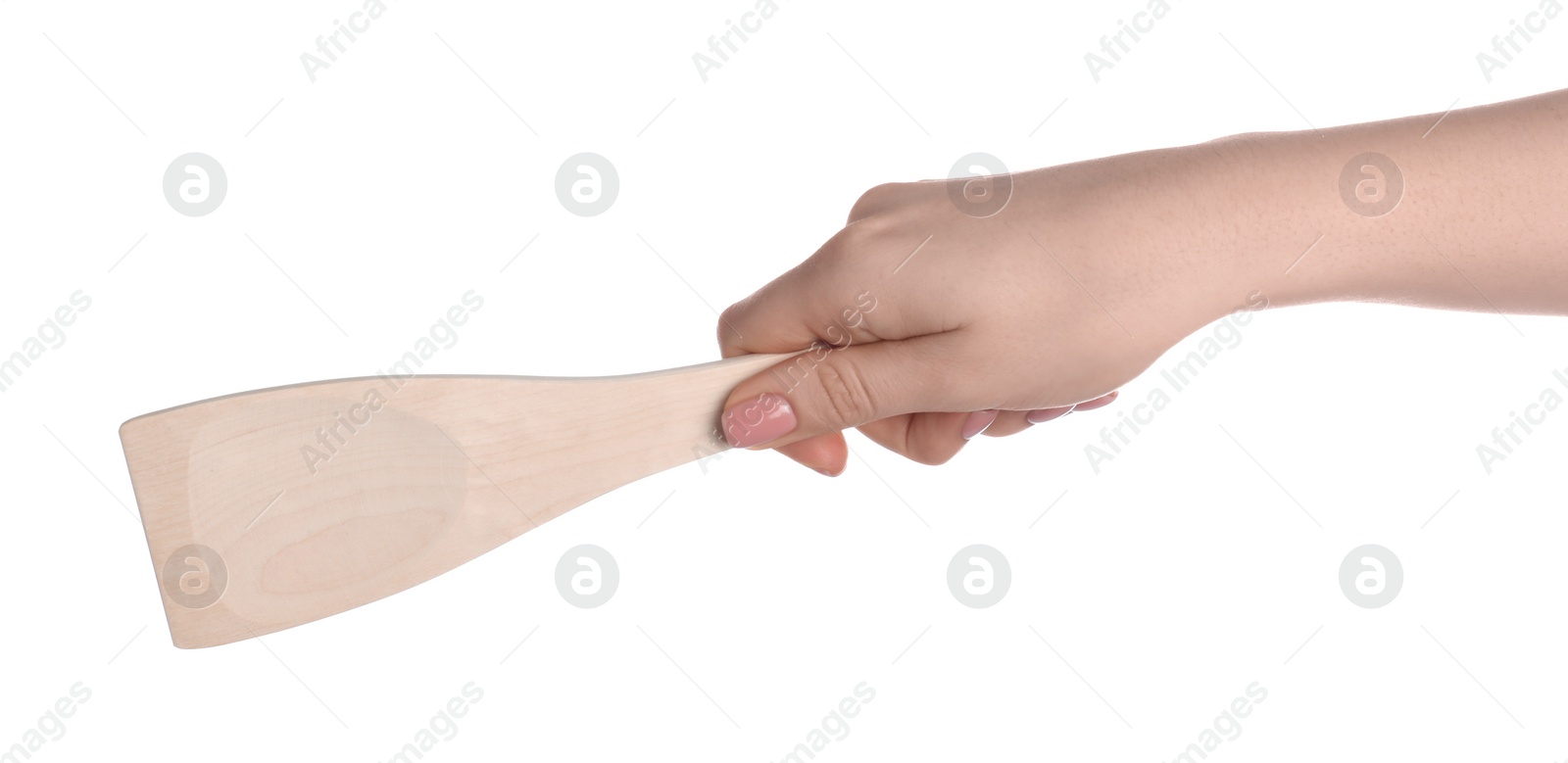 Photo of Woman with wooden spatula on white background, closeup