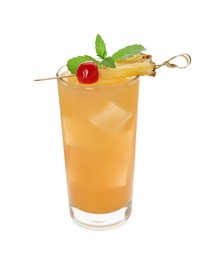 Photo of Glass of tasty pineapple cocktail with mint and cherry isolated on white