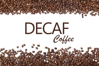 Image of Many roasted coffee beans on white background, top view