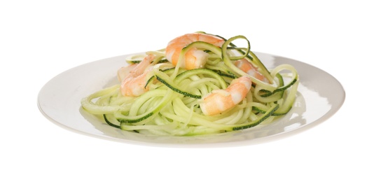 Photo of Delicious fresh zucchini pasta with shrimps on white background