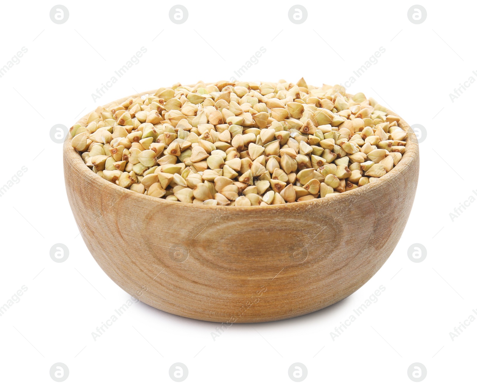 Photo of Uncooked green buckwheat grains in bowl isolated on white