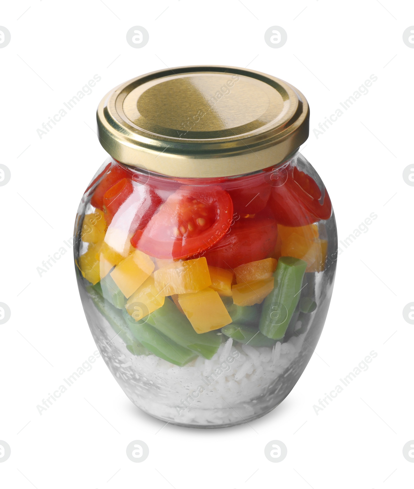 Photo of Glass jar with healthy meal isolated on white