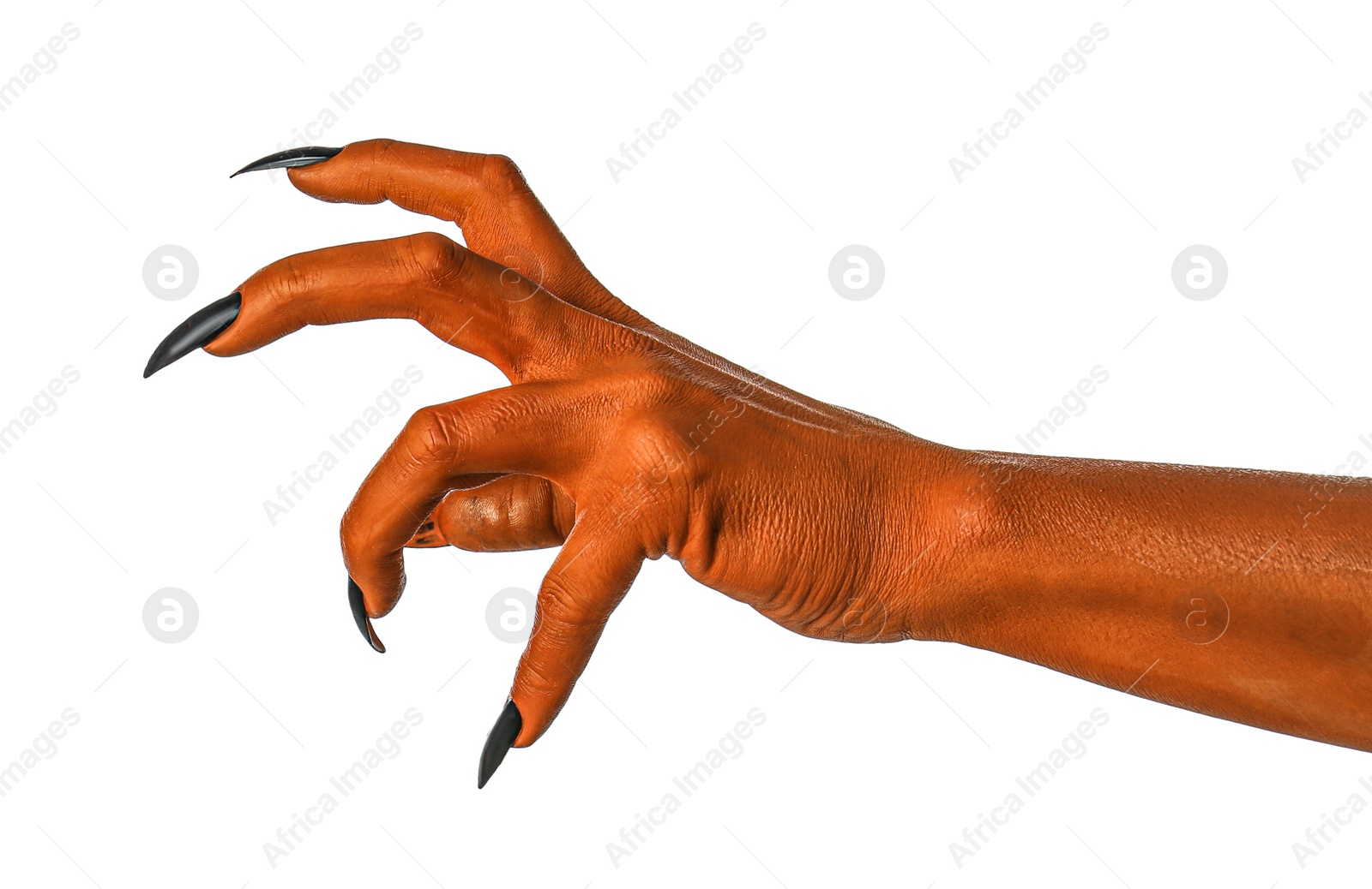 Image of Creepy monster. Orange hand with claws isolated on white